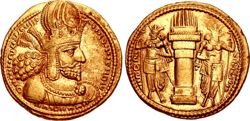 Sasanian gold dinars and royal ceremony — illustrative image from the Persian Treasury archive
